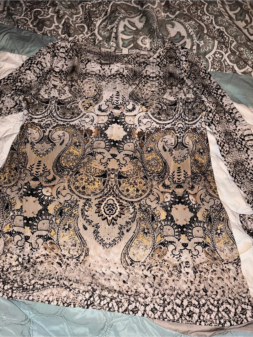 Dana Buchman Paisley Long Sleeve Top in Brown & White Size XL